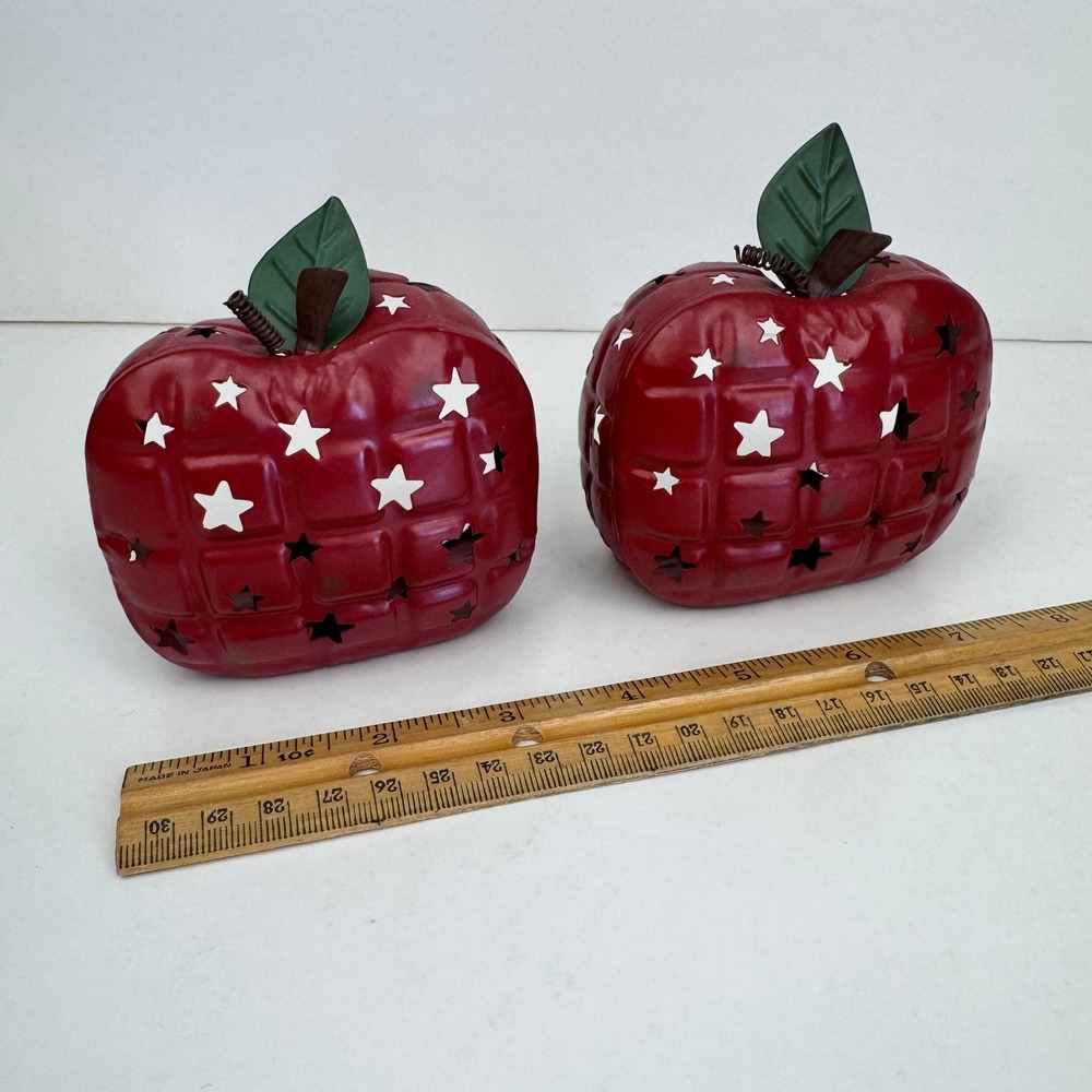 Vtg 2005 Metal Red Apple Tea Light Votive Candle Holder Star Cottagecore Granny